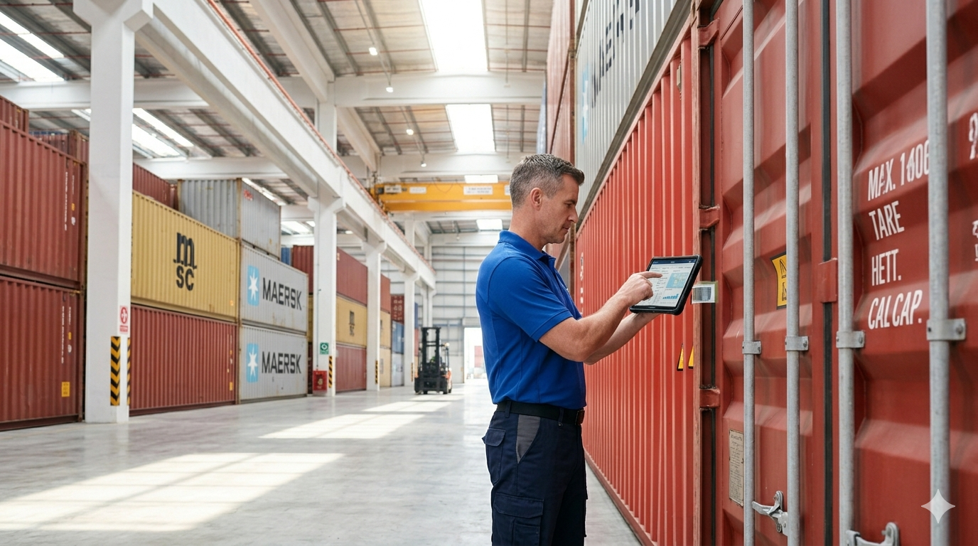 Mitarbeiter scannt Container mit Tablet im Lagerhaus